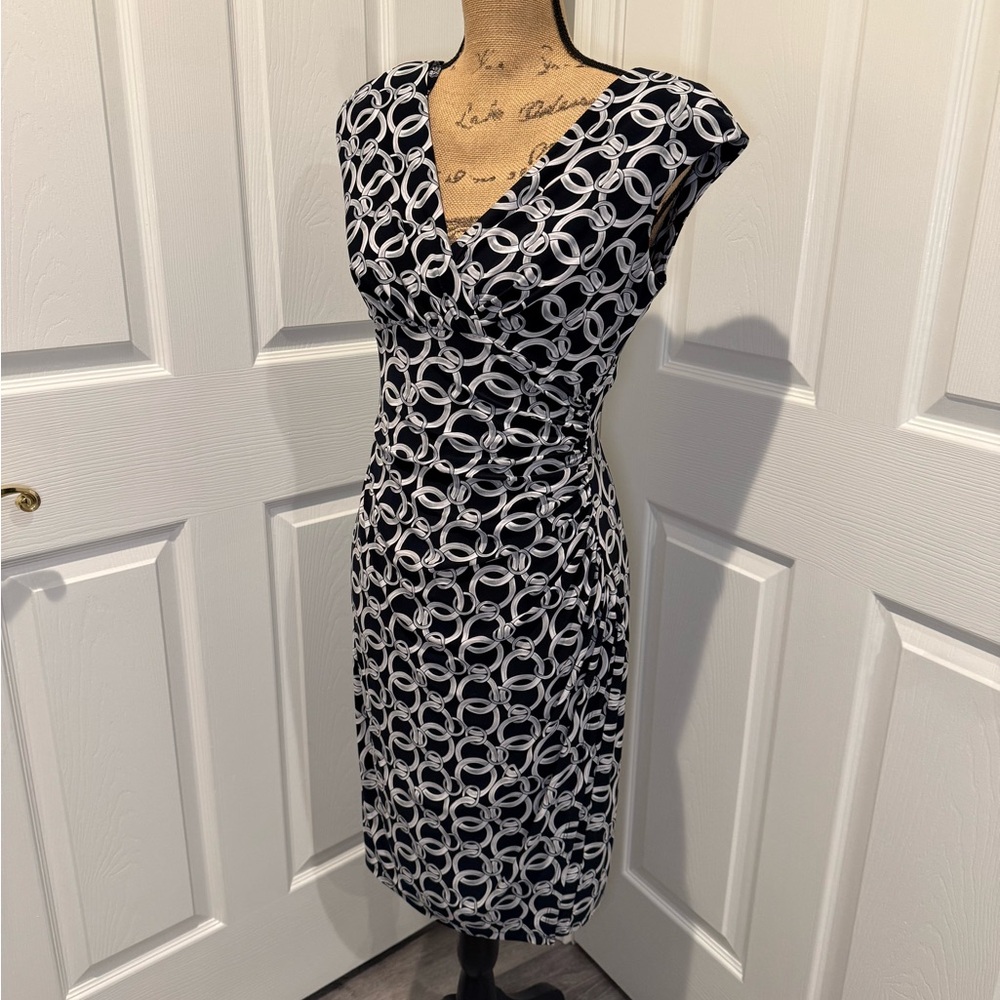 Ralph Lauren Black & White Chain-Print Midi Sheath Dress